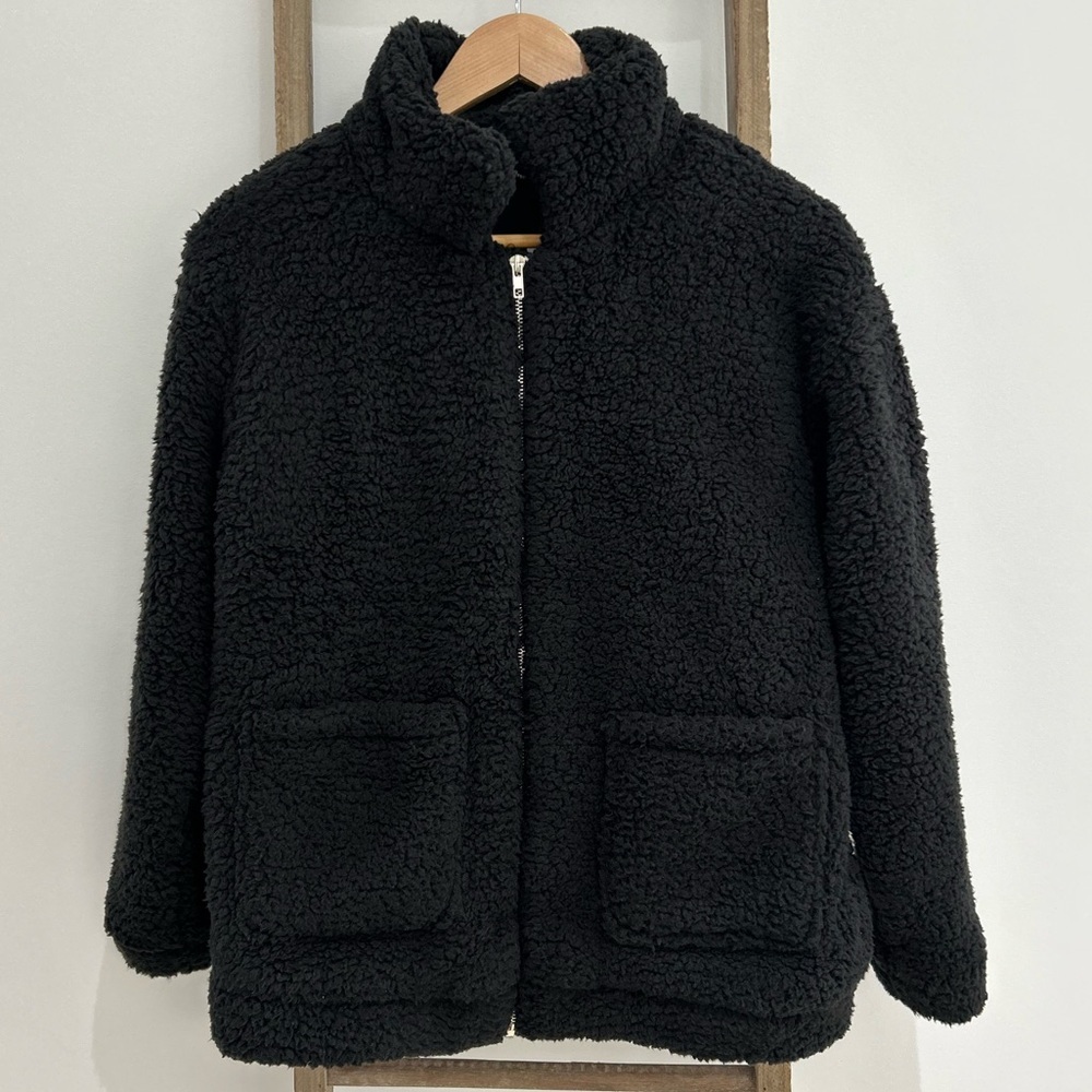NWT Black Winter Coat Lapel Zip Up Faux Shearling Shaggy Oversized Jacket Size S